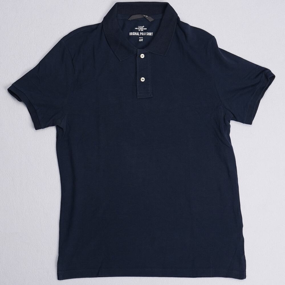 H&M L.O.G.G. Original Polo Shirt Mens L Navy Pique Short Sleeve Cotton
